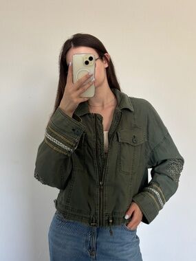 Free People Womens Olive Military Jacket Zip Front Beaded Embroidered Medium